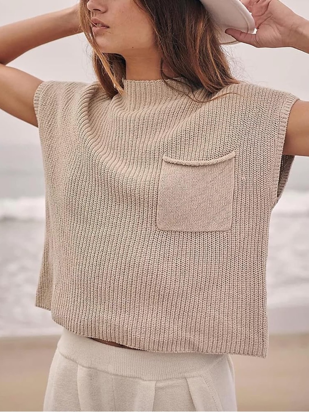 Skikyan Sleeveless Knit Pocket Top in Tan EUC